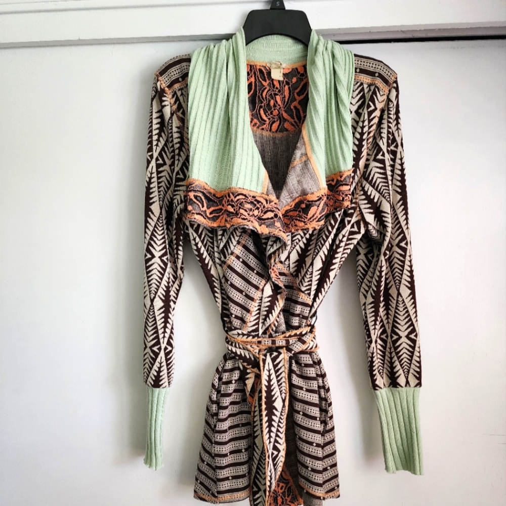 Gimmicks BKE brown, ivory and mint draped front mixed knits belted cardigan